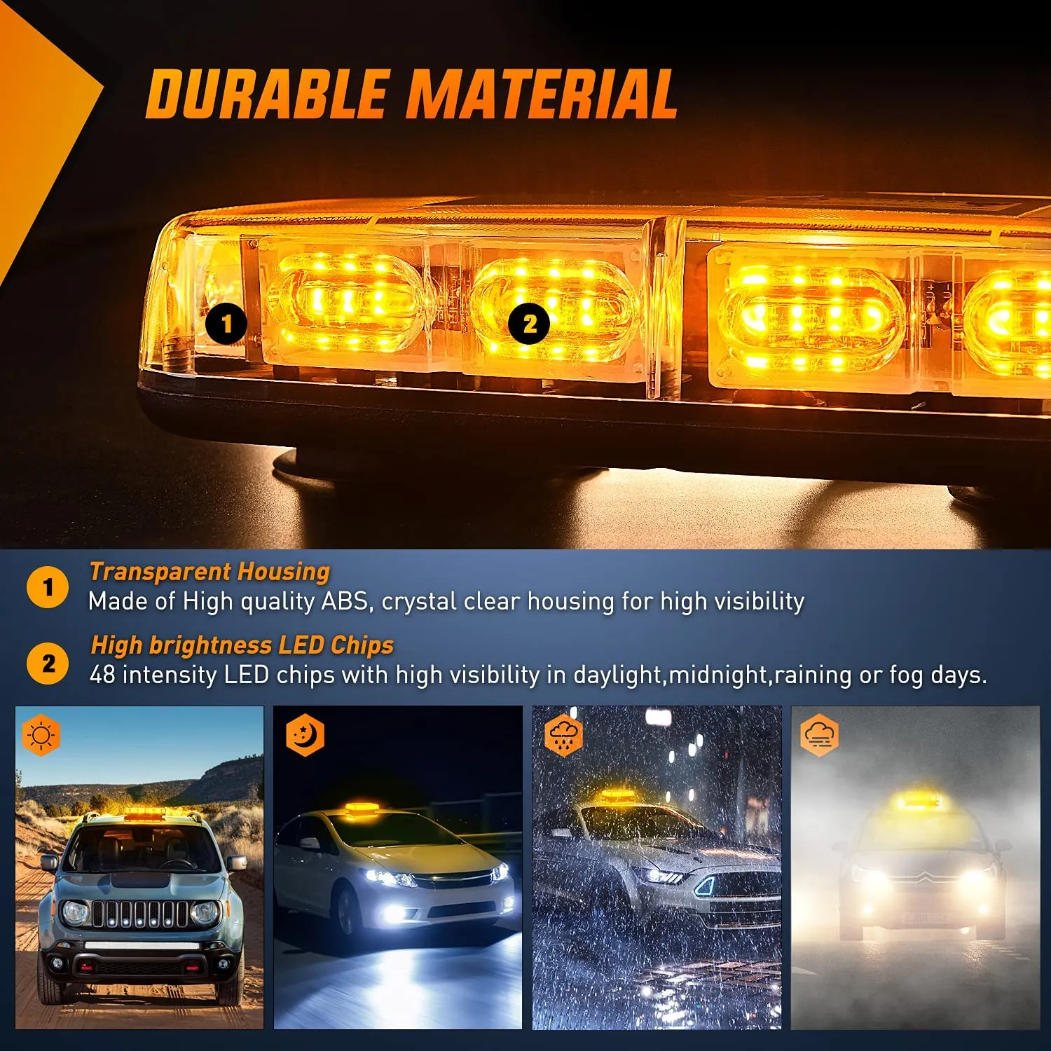 12 Inch 48 Leds Roof Top Amber Emergency Strobe Light 2PCS