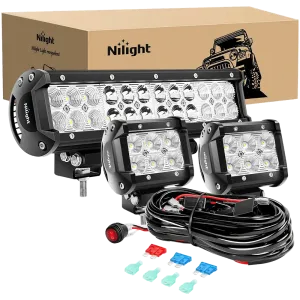 12 Inch 72W Double Row Spot Flood Led Light Bar | 4 Inch 18W Flood LED Pods (Pair) | 10FT Wire 3Pin Switch