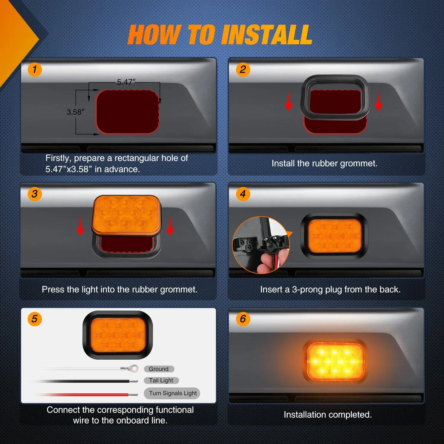 2 Pcs 5 X 3 Inch 10 Led Amber Rectangular Trailer Tail Light