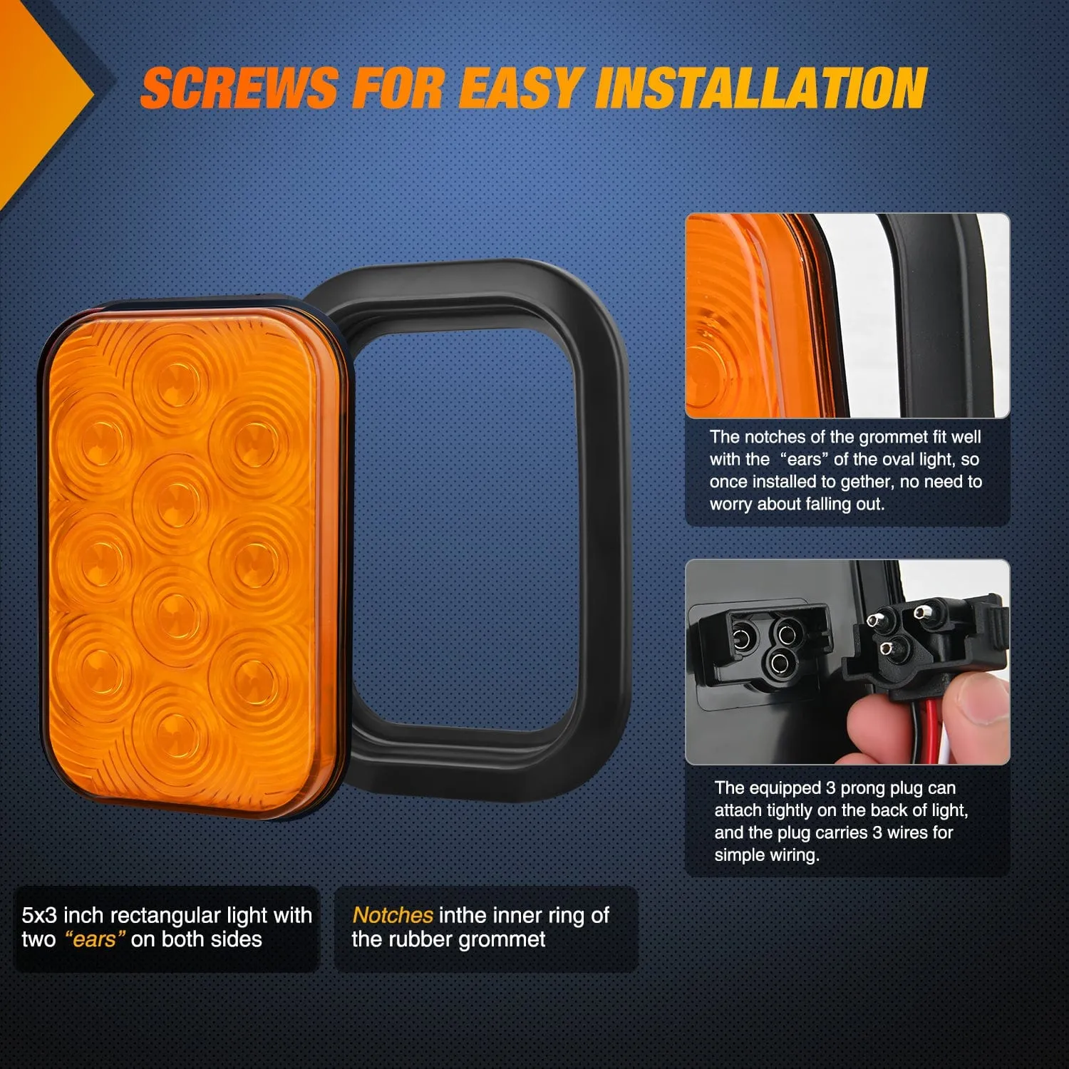 2 Pcs 5 X 3 Inch 10 Led Amber Rectangular Trailer Tail Light
