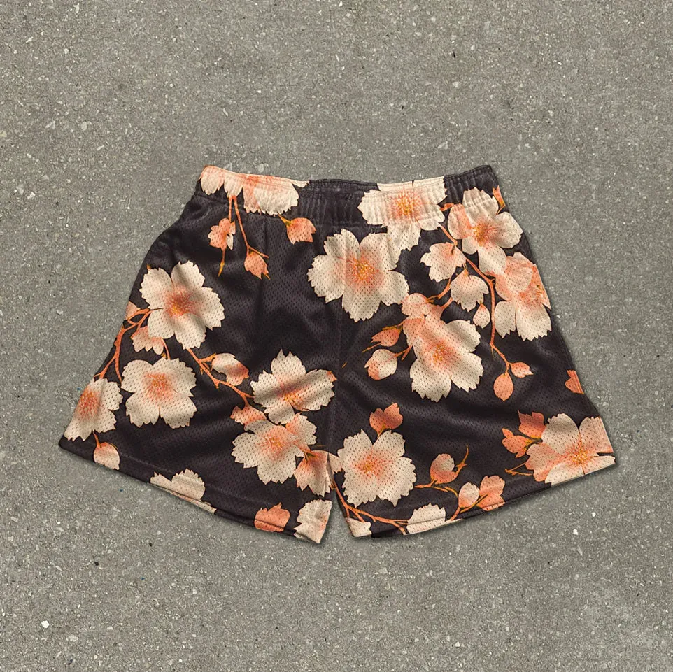 Blavra Ink Gradient Flowers Plants Print Mesh Shorts