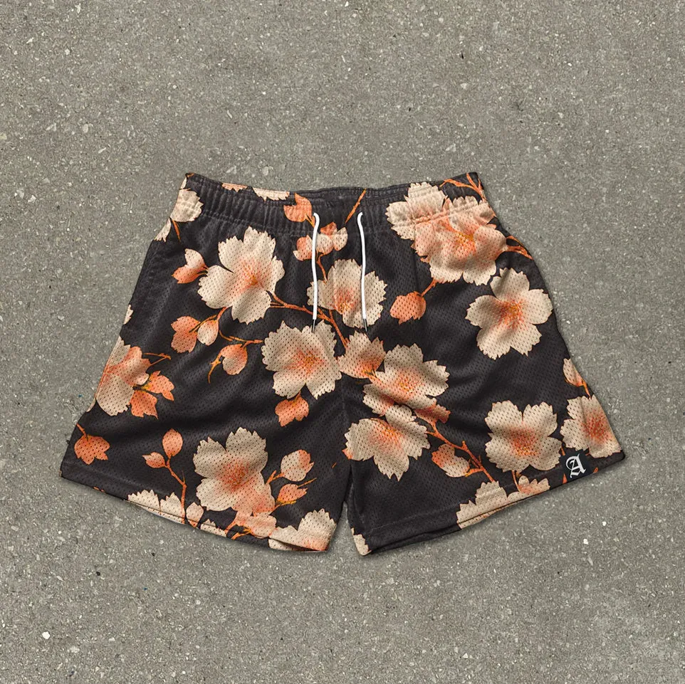 Blavra Ink Gradient Flowers Plants Print Mesh Shorts