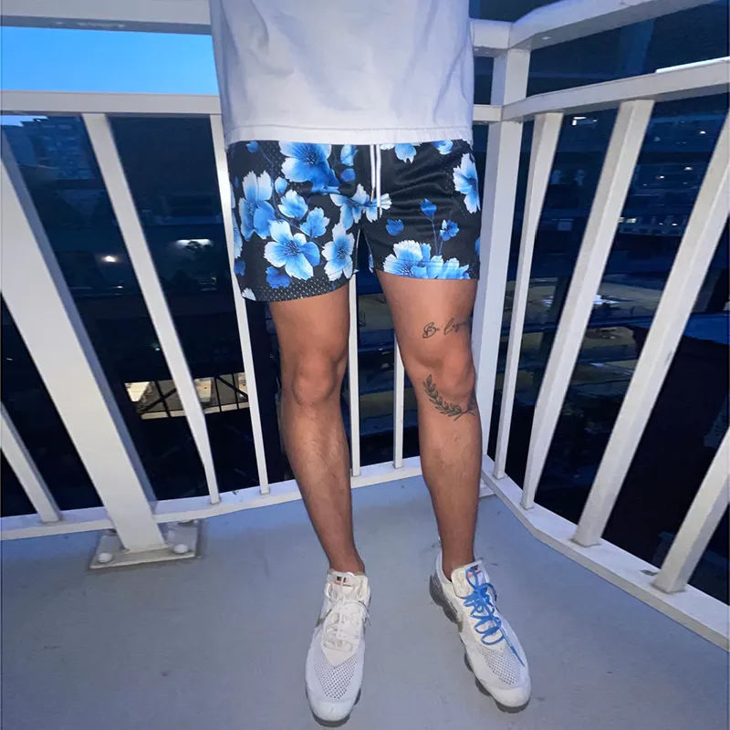 Blavra Ink Gradient Flowers Plants Print Mesh Shorts