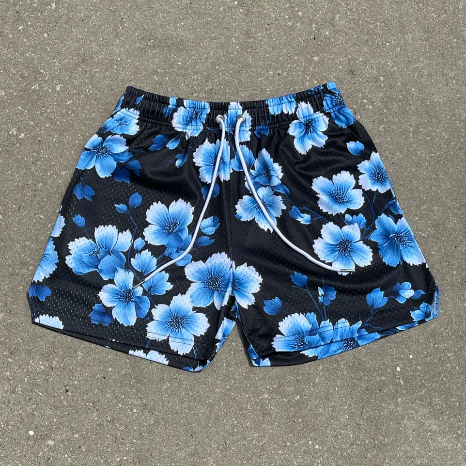 Blavra Ink Gradient Flowers Plants Print Mesh Shorts