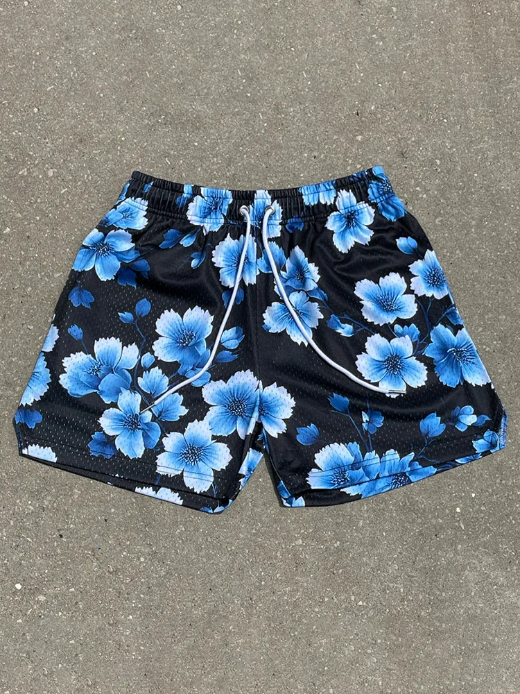 Blavra Ink Gradient Flowers Plants Print Mesh Shorts