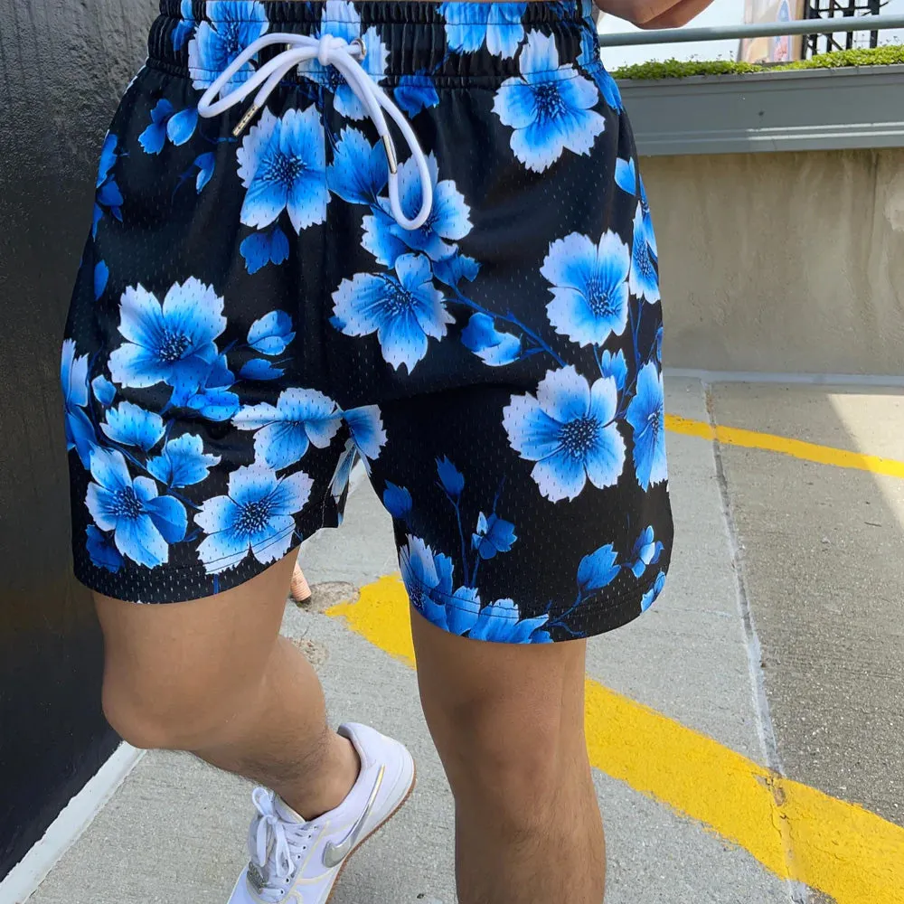 Blavra Ink Gradient Flowers Plants Print Mesh Shorts