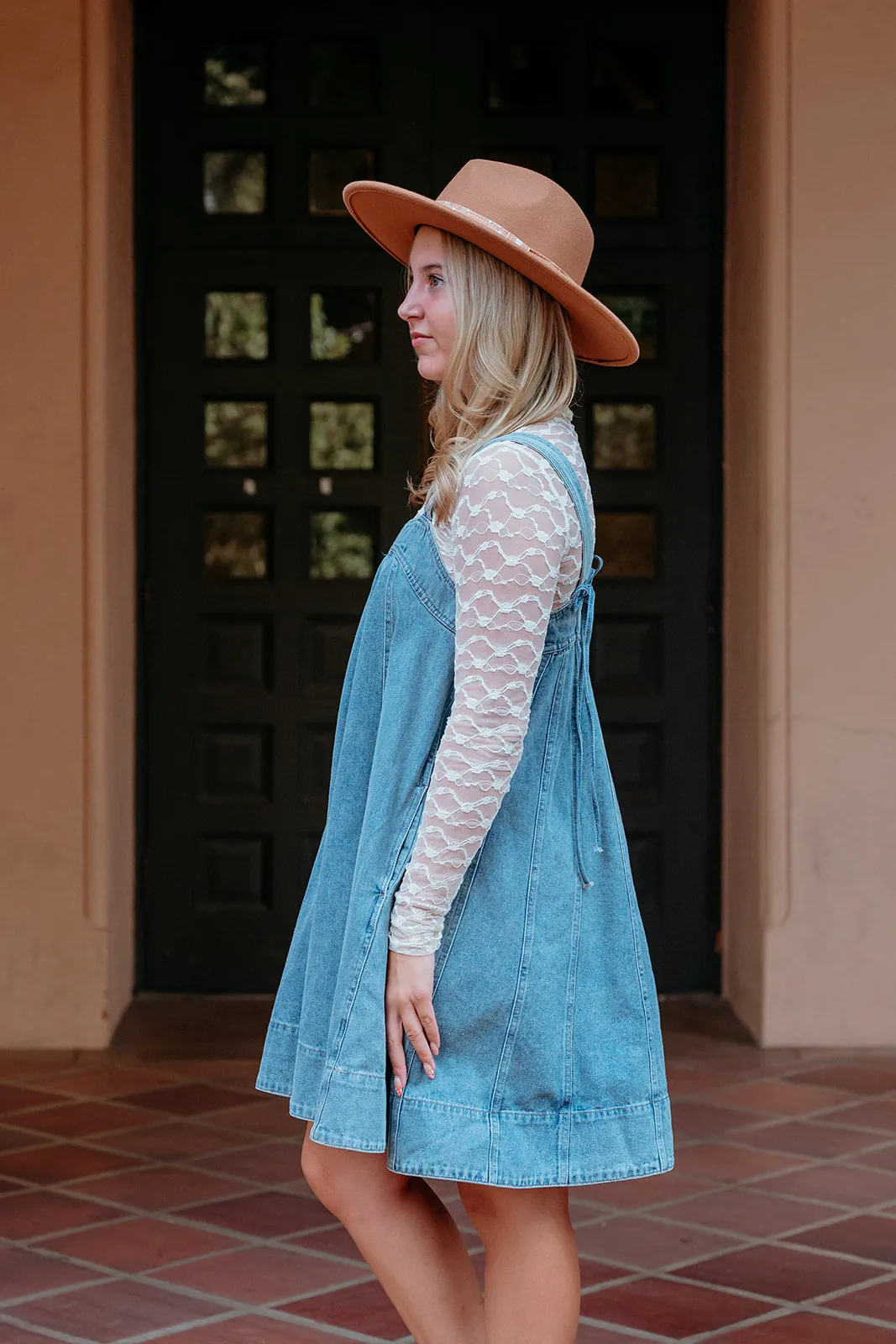 CLEARANCE - Square Neck Denim Flare Dress W/ Pockets