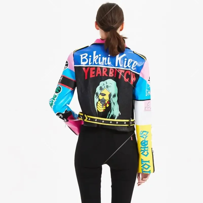 Colorful Graffiti Motorcycle PU Leather Jacket