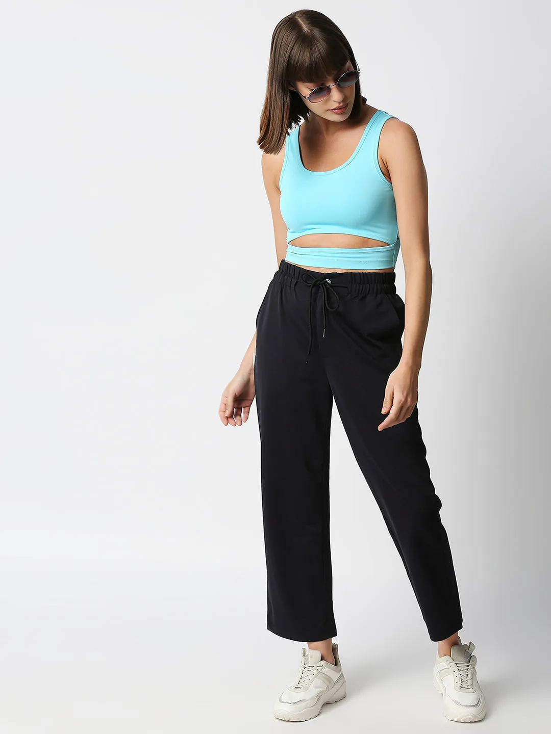 Disrupt Women Sleeveless Pop Blue Scoop Neck Slim Crop Top