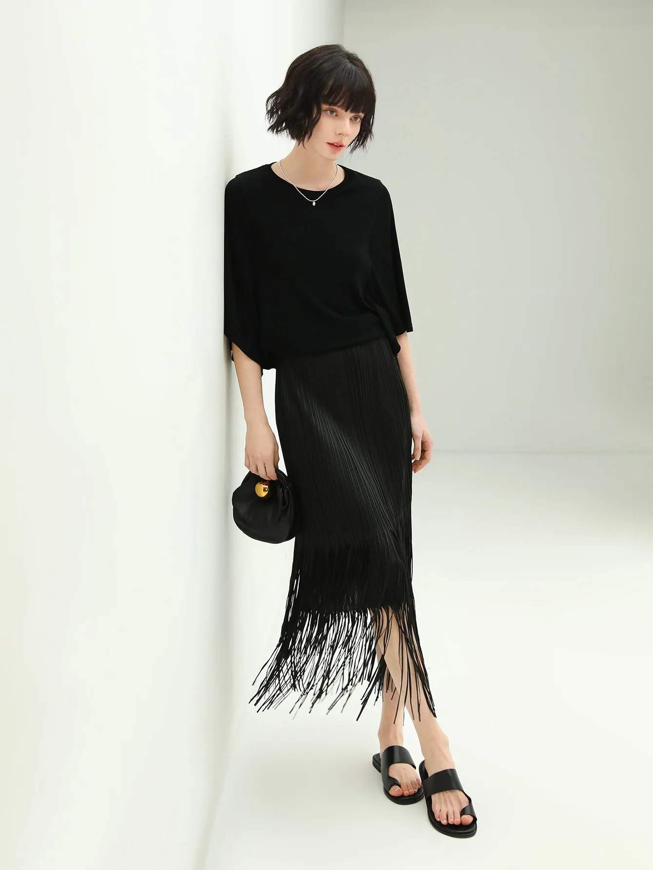 Elegant Black Double-Layered Fringe Pleated Skirt
