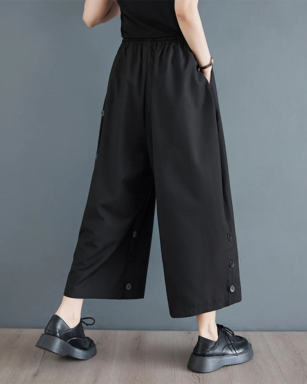 ellazhu Women's Drop Crotch Elastic Waist Button Down Wide Leg Harem Pants GZ180 Black