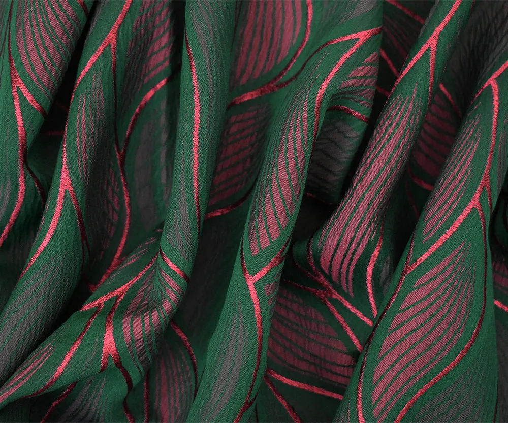 Green-Red Poly-Viscose Stretch Leaf Jacquard Woven Fabric