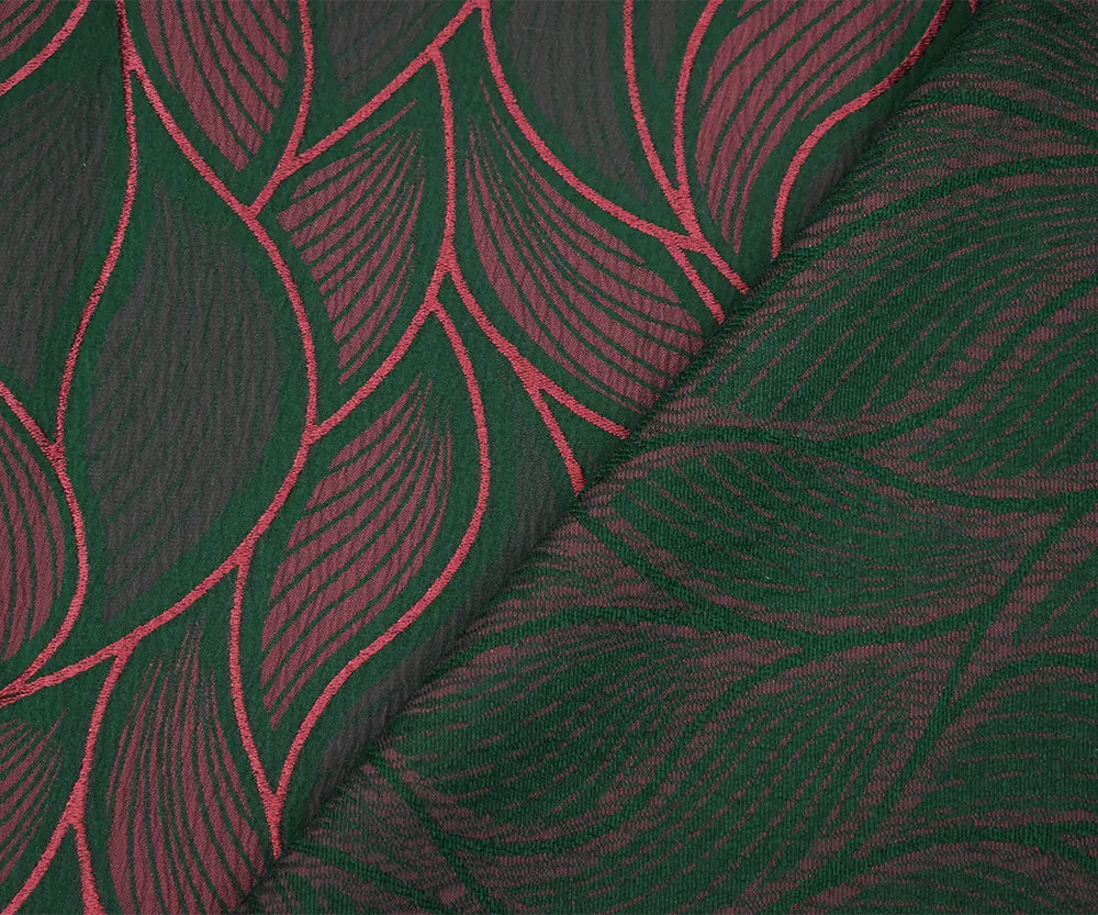 Green-Red Poly-Viscose Stretch Leaf Jacquard Woven Fabric