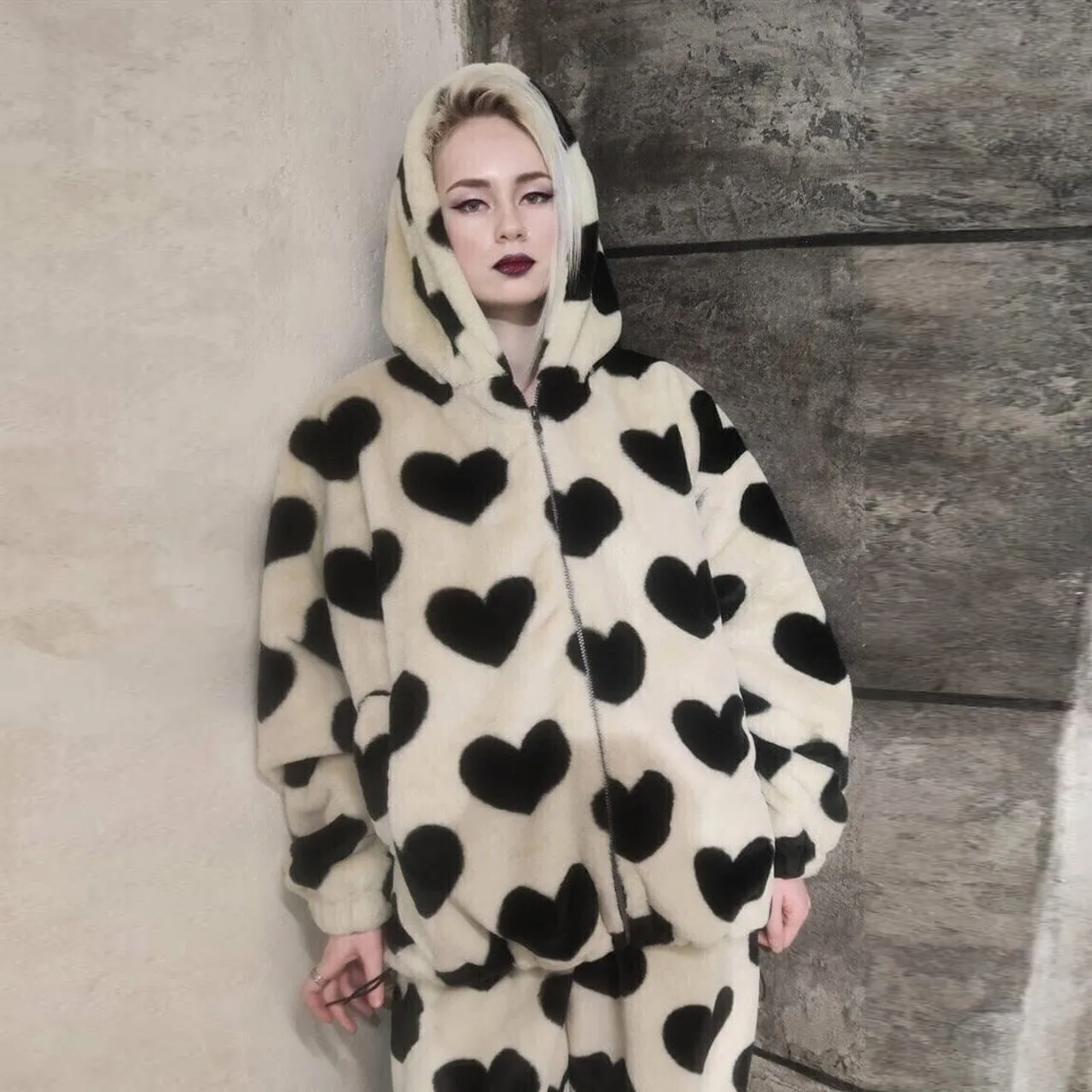 Heart fleece bomber handmade faux fur heart hood coat cream