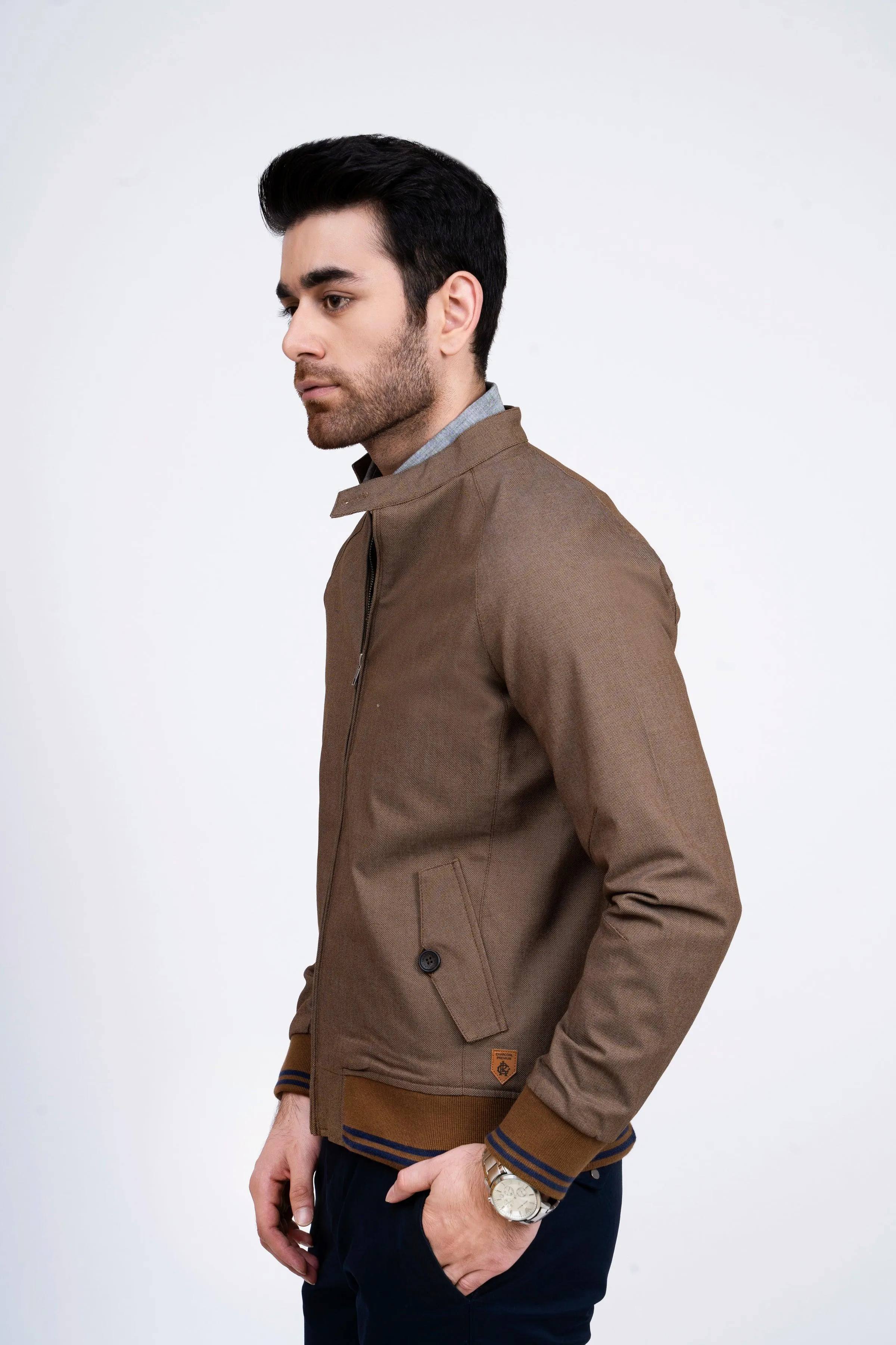 JACKET TIPPING BAN COLLAR DARK BROWN