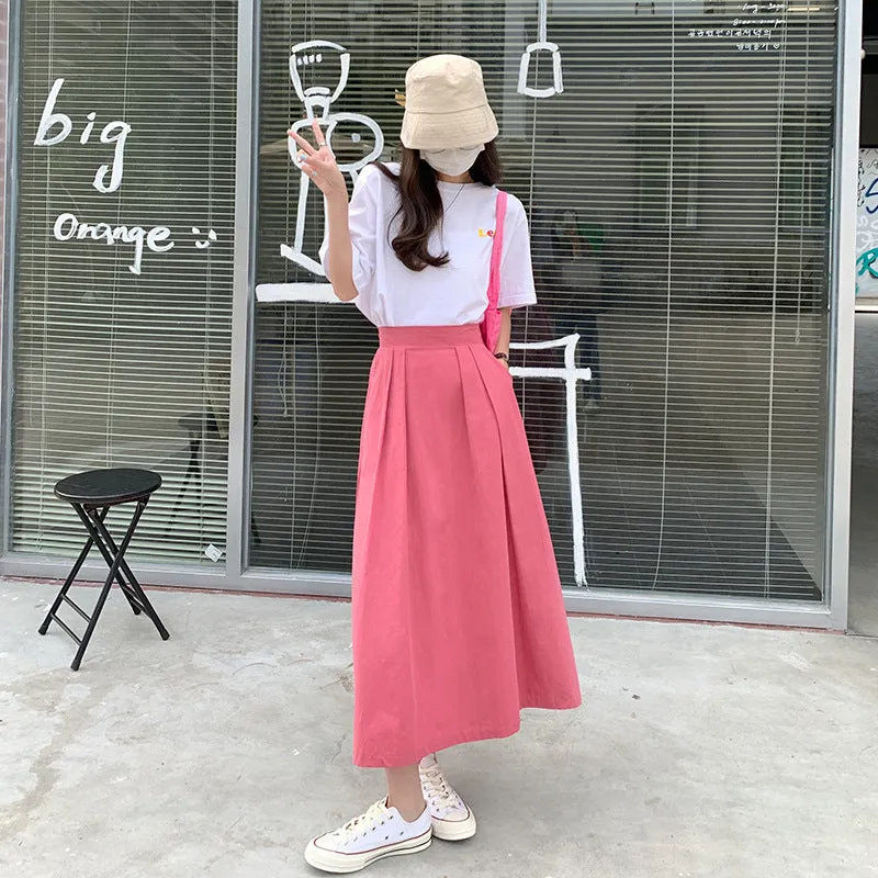 Japanese Skirt Women Mid-Length A-Line Summer High Waist Slim Look Flare Petite Skirt