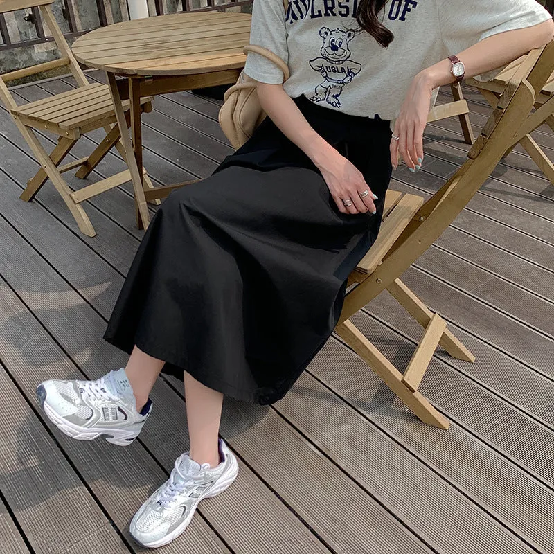 Japanese Skirt Women Mid-Length A-Line Summer High Waist Slim Look Flare Petite Skirt