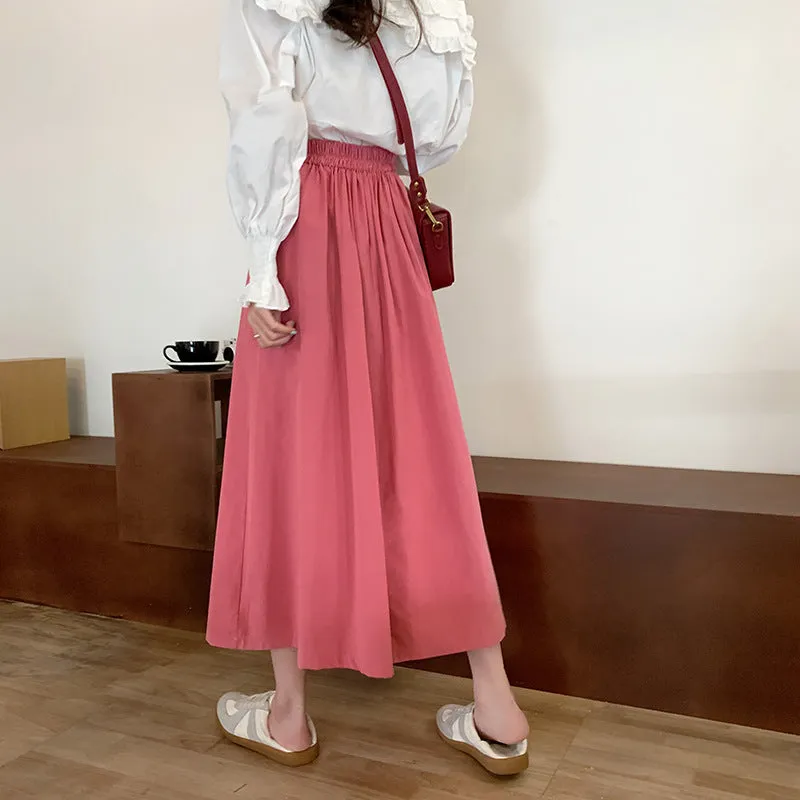 Japanese Skirt Women Mid-Length A-Line Summer High Waist Slim Look Flare Petite Skirt