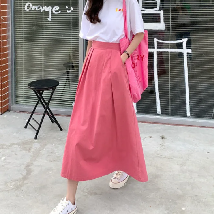 Japanese Skirt Women Mid-Length A-Line Summer High Waist Slim Look Flare Petite Skirt