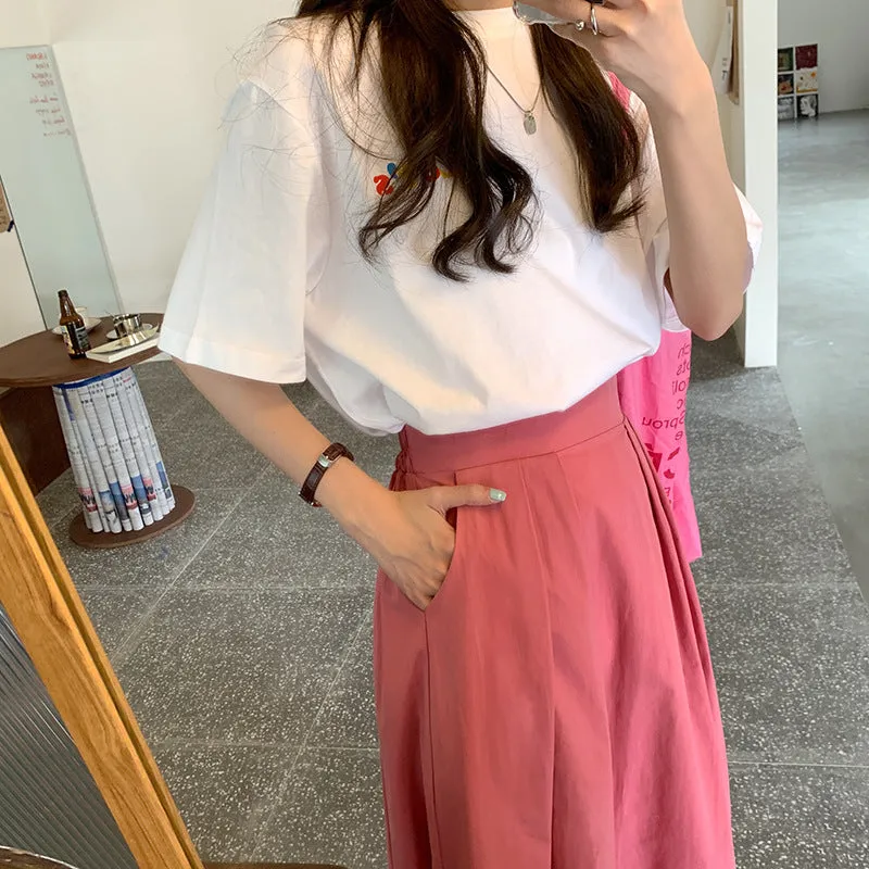 Japanese Skirt Women Mid-Length A-Line Summer High Waist Slim Look Flare Petite Skirt