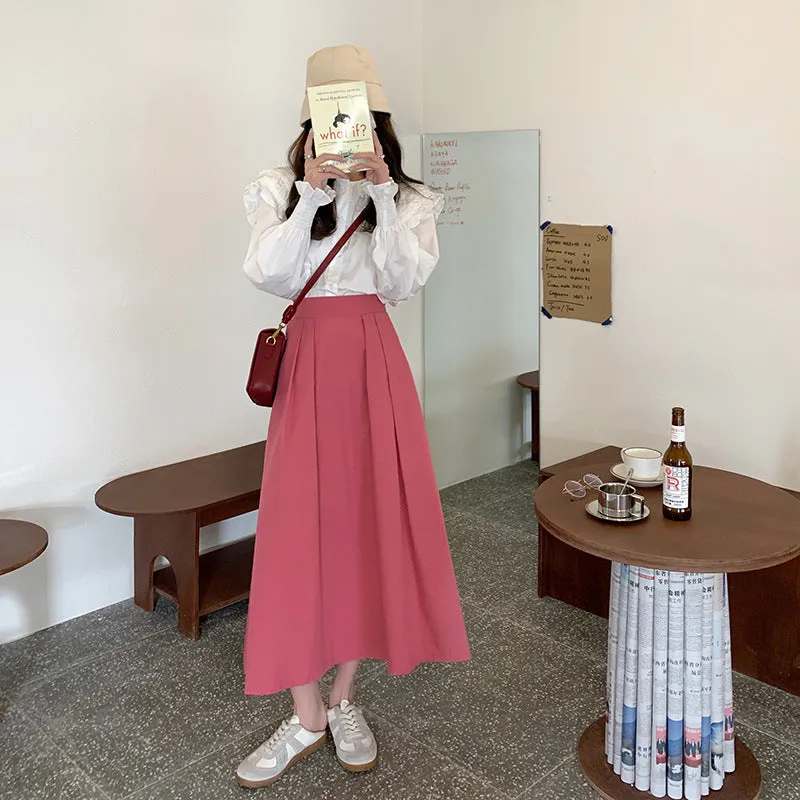 Japanese Skirt Women Mid-Length A-Line Summer High Waist Slim Look Flare Petite Skirt
