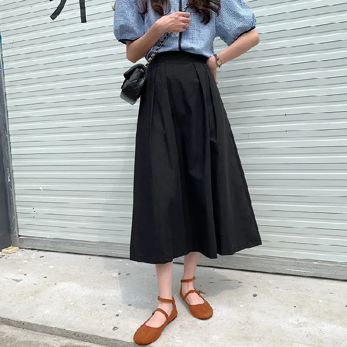 Japanese Skirt Women Mid-Length A-Line Summer High Waist Slim Look Flare Petite Skirt