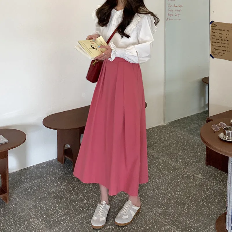 Japanese Skirt Women Mid-Length A-Line Summer High Waist Slim Look Flare Petite Skirt