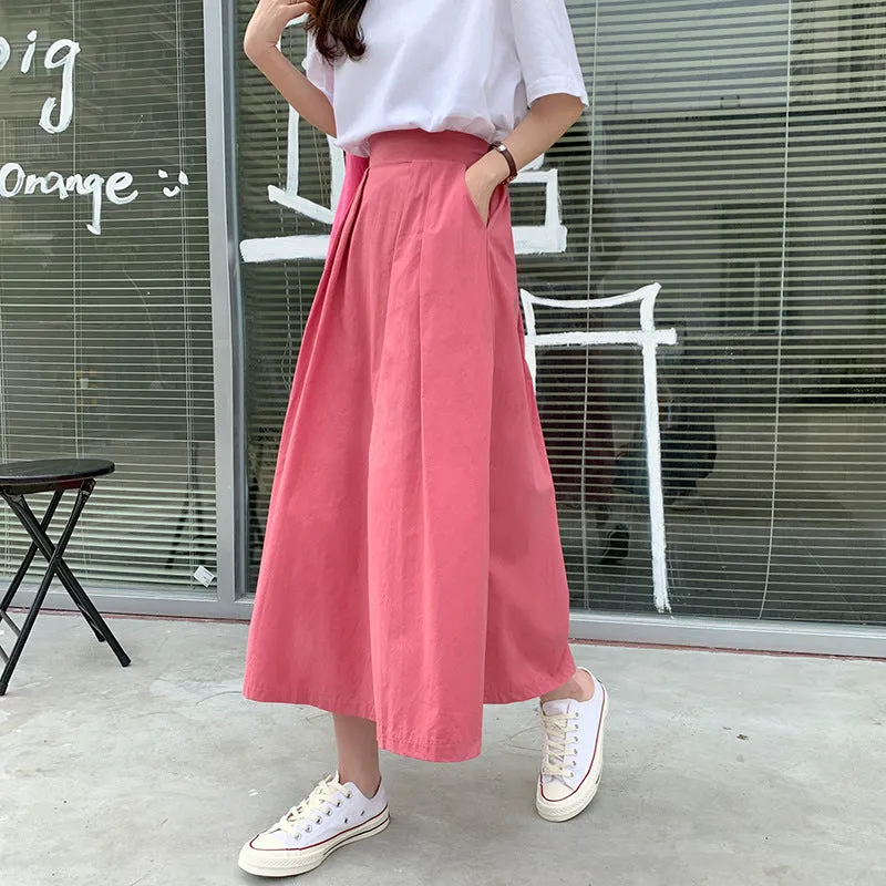 Japanese Skirt Women Mid-Length A-Line Summer High Waist Slim Look Flare Petite Skirt
