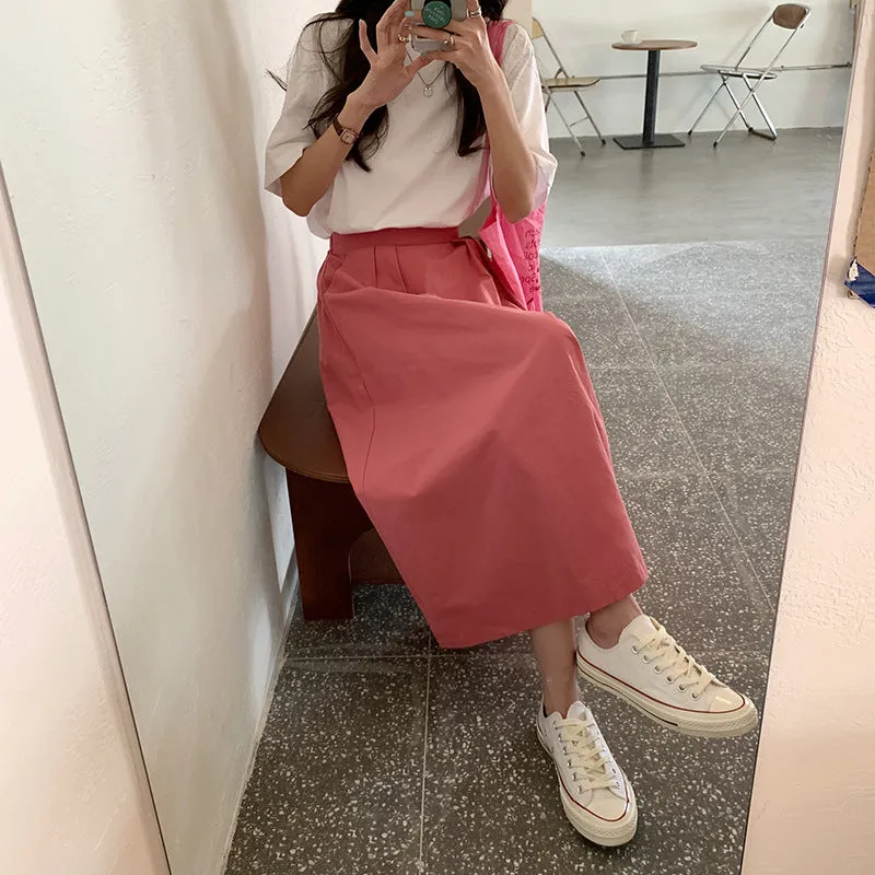 Japanese Skirt Women Mid-Length A-Line Summer High Waist Slim Look Flare Petite Skirt