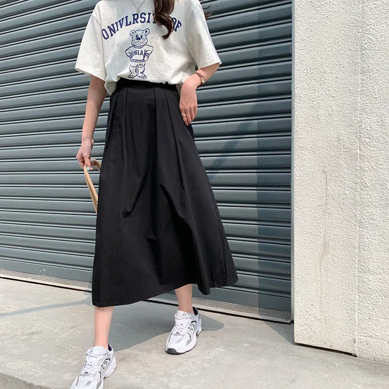 Japanese Skirt Women Mid-Length A-Line Summer High Waist Slim Look Flare Petite Skirt