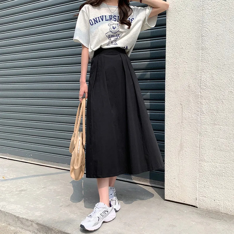 Japanese Skirt Women Mid-Length A-Line Summer High Waist Slim Look Flare Petite Skirt