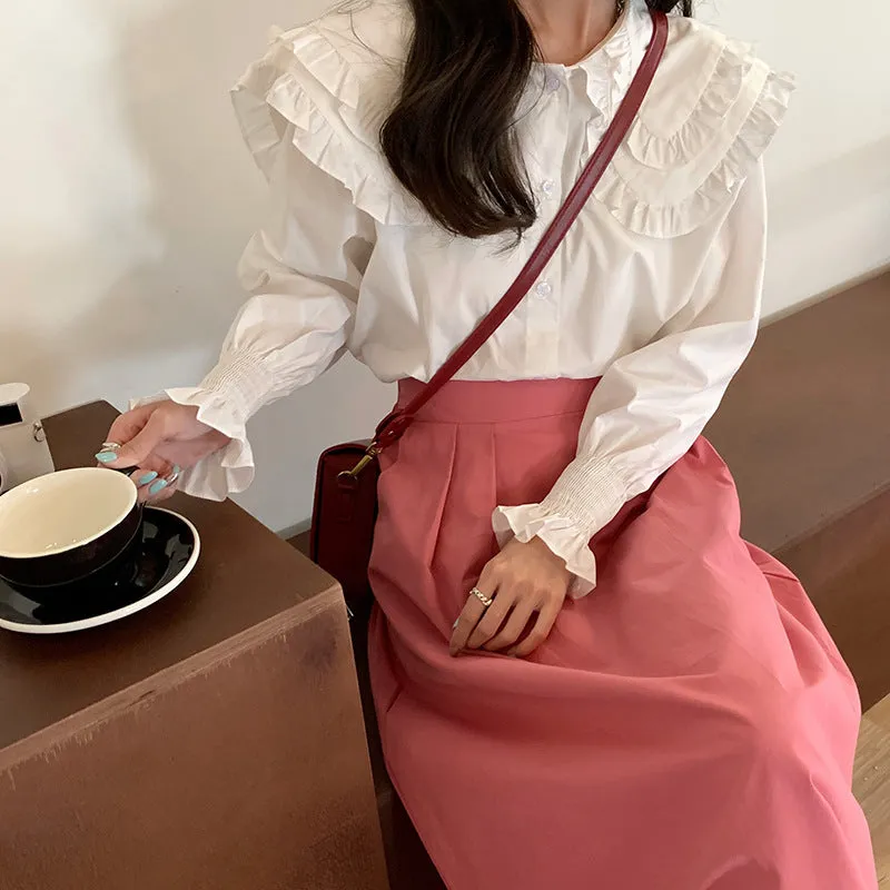 Japanese Skirt Women Mid-Length A-Line Summer High Waist Slim Look Flare Petite Skirt