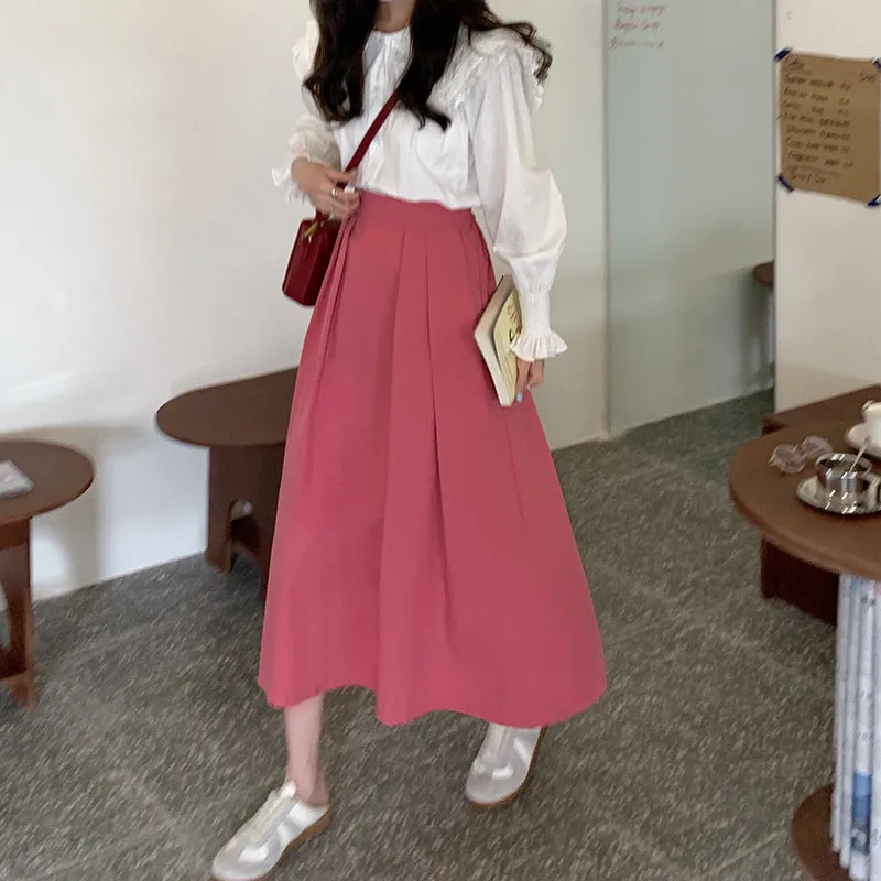 Japanese Skirt Women Mid-Length A-Line Summer High Waist Slim Look Flare Petite Skirt