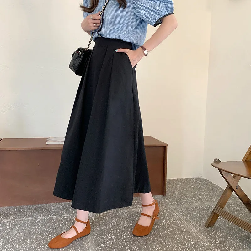 Japanese Skirt Women Mid-Length A-Line Summer High Waist Slim Look Flare Petite Skirt