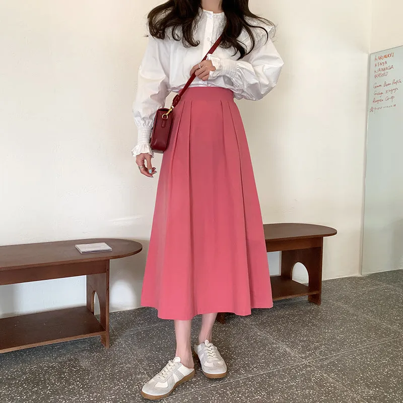Japanese Skirt Women Mid-Length A-Line Summer High Waist Slim Look Flare Petite Skirt