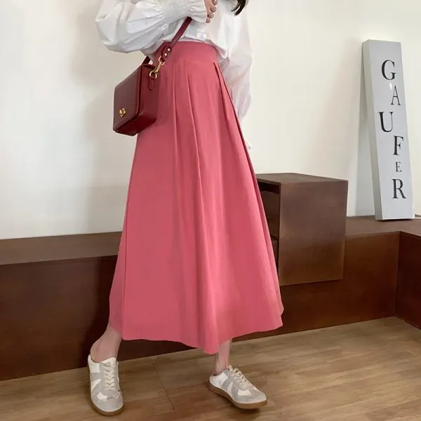 Japanese Skirt Women Mid-Length A-Line Summer High Waist Slim Look Flare Petite Skirt