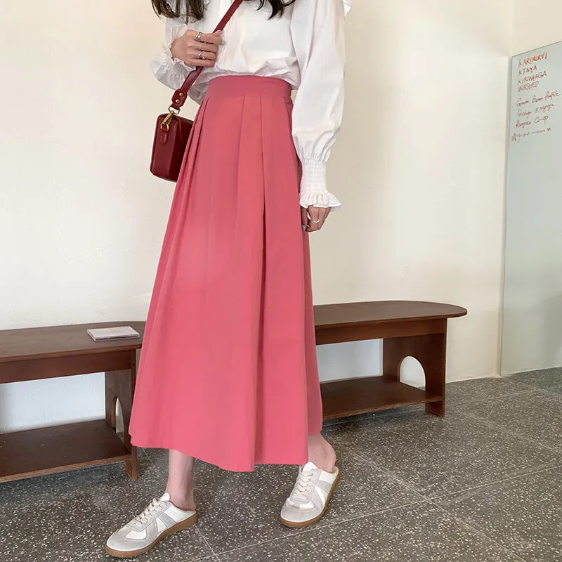 Japanese Skirt Women Mid-Length A-Line Summer High Waist Slim Look Flare Petite Skirt