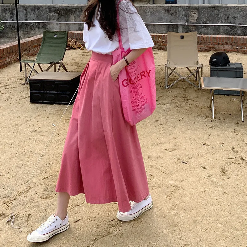 Japanese Skirt Women Mid-Length A-Line Summer High Waist Slim Look Flare Petite Skirt