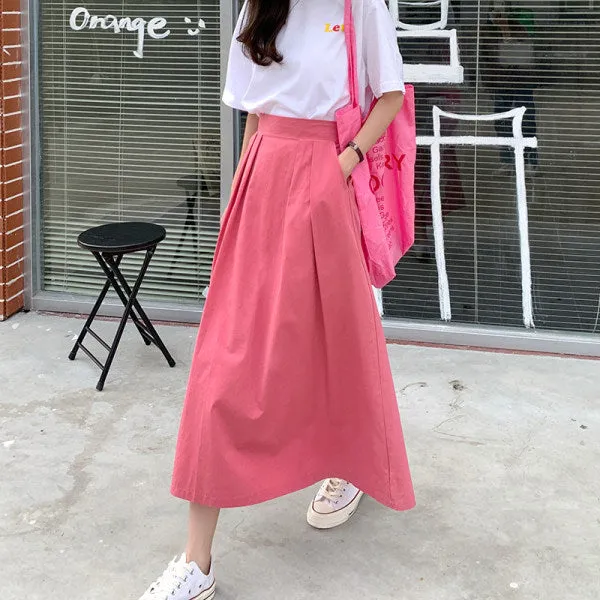 Japanese Skirt Women Mid-Length A-Line Summer High Waist Slim Look Flare Petite Skirt