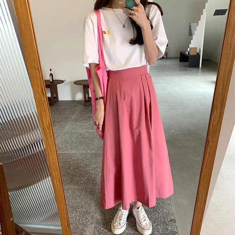Japanese Skirt Women Mid-Length A-Line Summer High Waist Slim Look Flare Petite Skirt