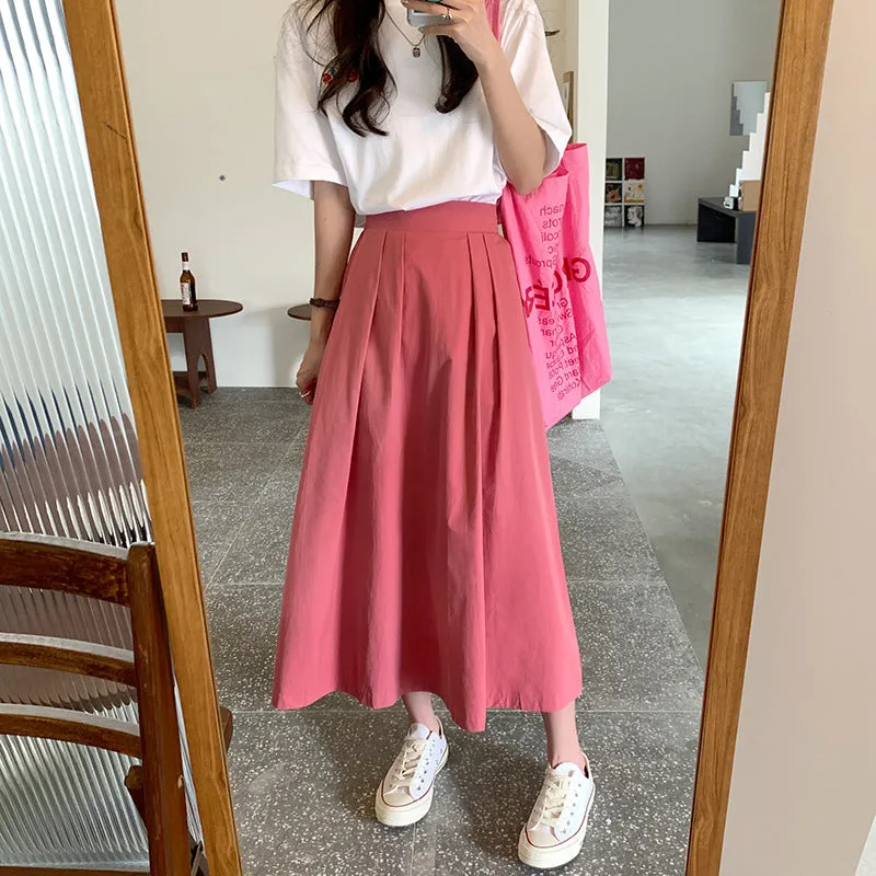 Japanese Skirt Women Mid-Length A-Line Summer High Waist Slim Look Flare Petite Skirt
