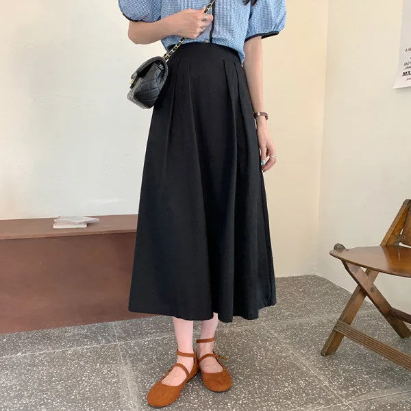 Japanese Skirt Women Mid-Length A-Line Summer High Waist Slim Look Flare Petite Skirt