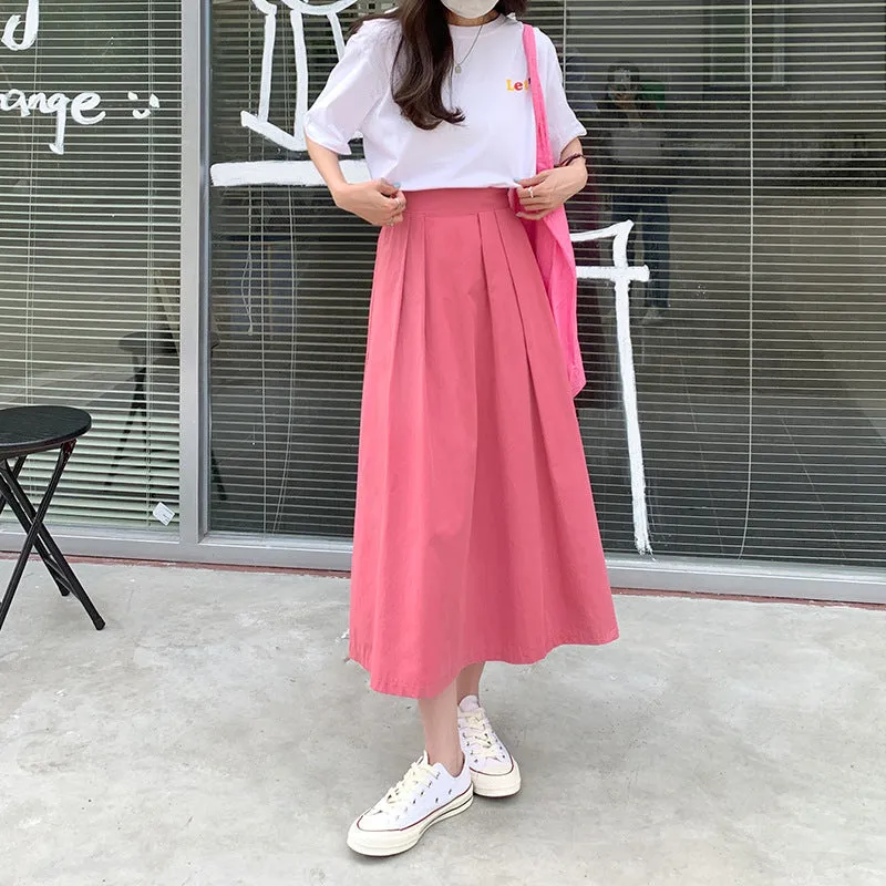 Japanese Skirt Women Mid-Length A-Line Summer High Waist Slim Look Flare Petite Skirt