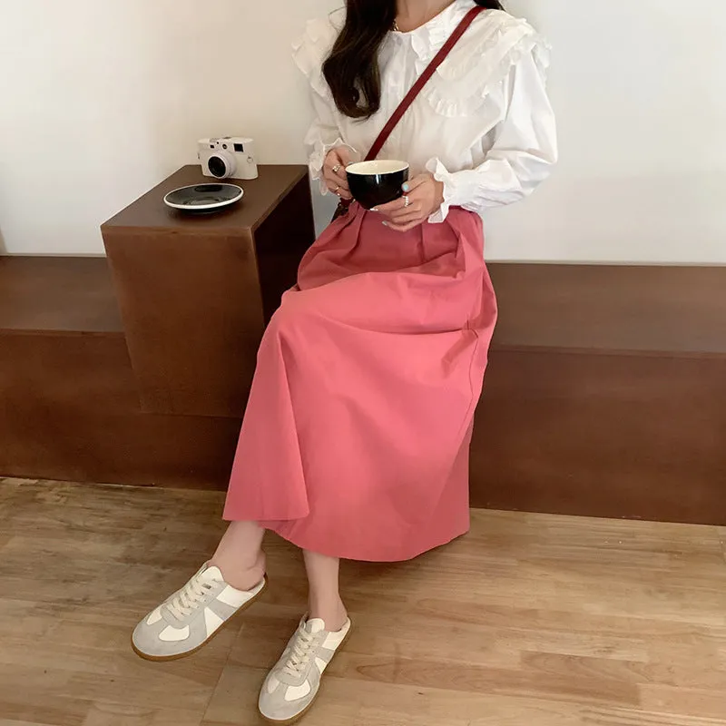 Japanese Skirt Women Mid-Length A-Line Summer High Waist Slim Look Flare Petite Skirt