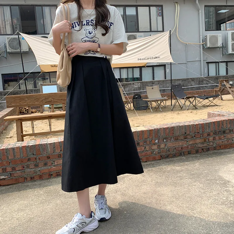 Japanese Skirt Women Mid-Length A-Line Summer High Waist Slim Look Flare Petite Skirt