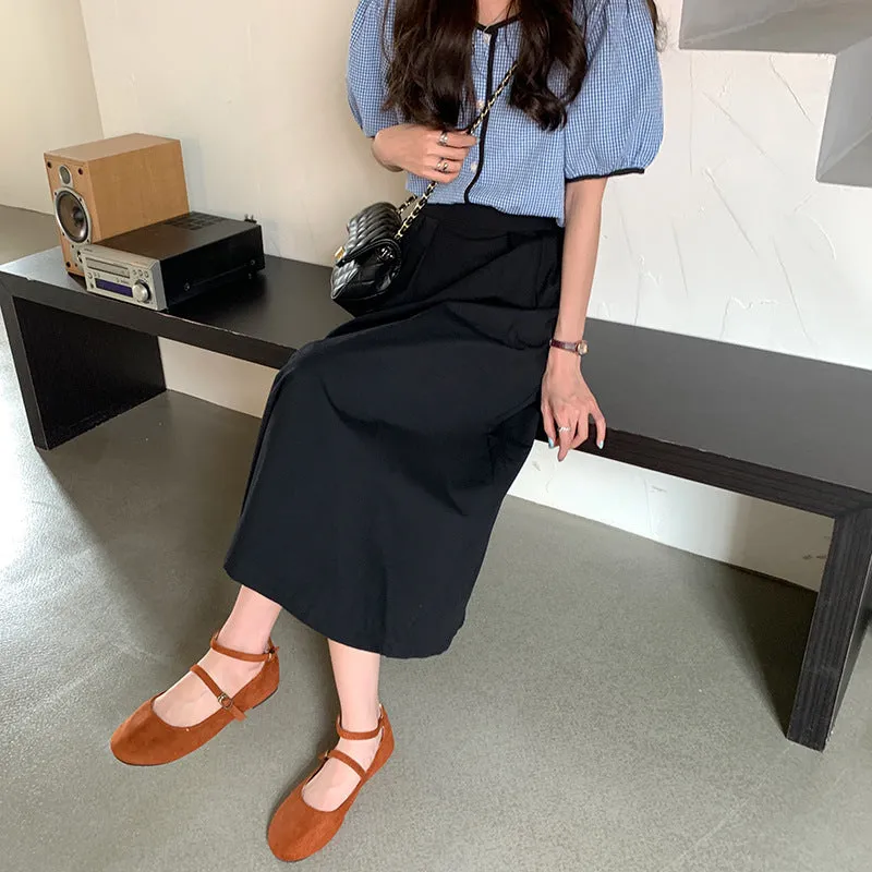 Japanese Skirt Women Mid-Length A-Line Summer High Waist Slim Look Flare Petite Skirt