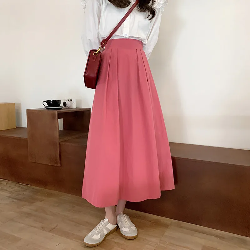 Japanese Skirt Women Mid-Length A-Line Summer High Waist Slim Look Flare Petite Skirt