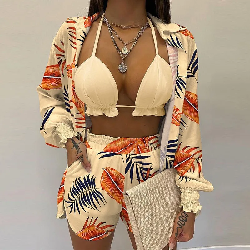 Lantern Sleeve Shirt &amp; Pocket Design Shorts Sets With Frill Hem Crop Top