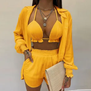 Lantern Sleeve Shirt &amp; Pocket Design Shorts Sets With Frill Hem Crop Top