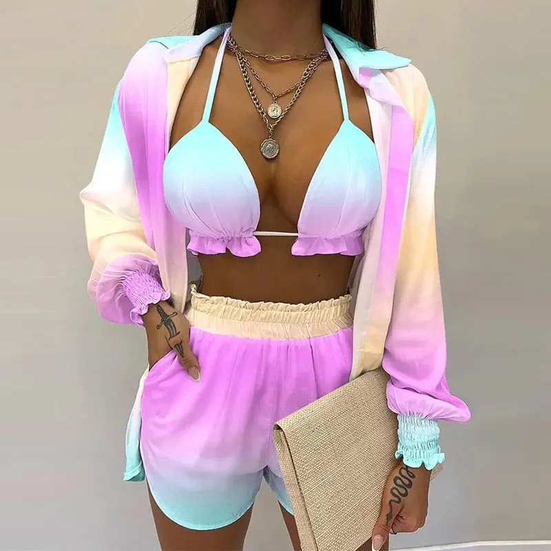 Lantern Sleeve Shirt &amp; Pocket Design Shorts Sets With Frill Hem Crop Top